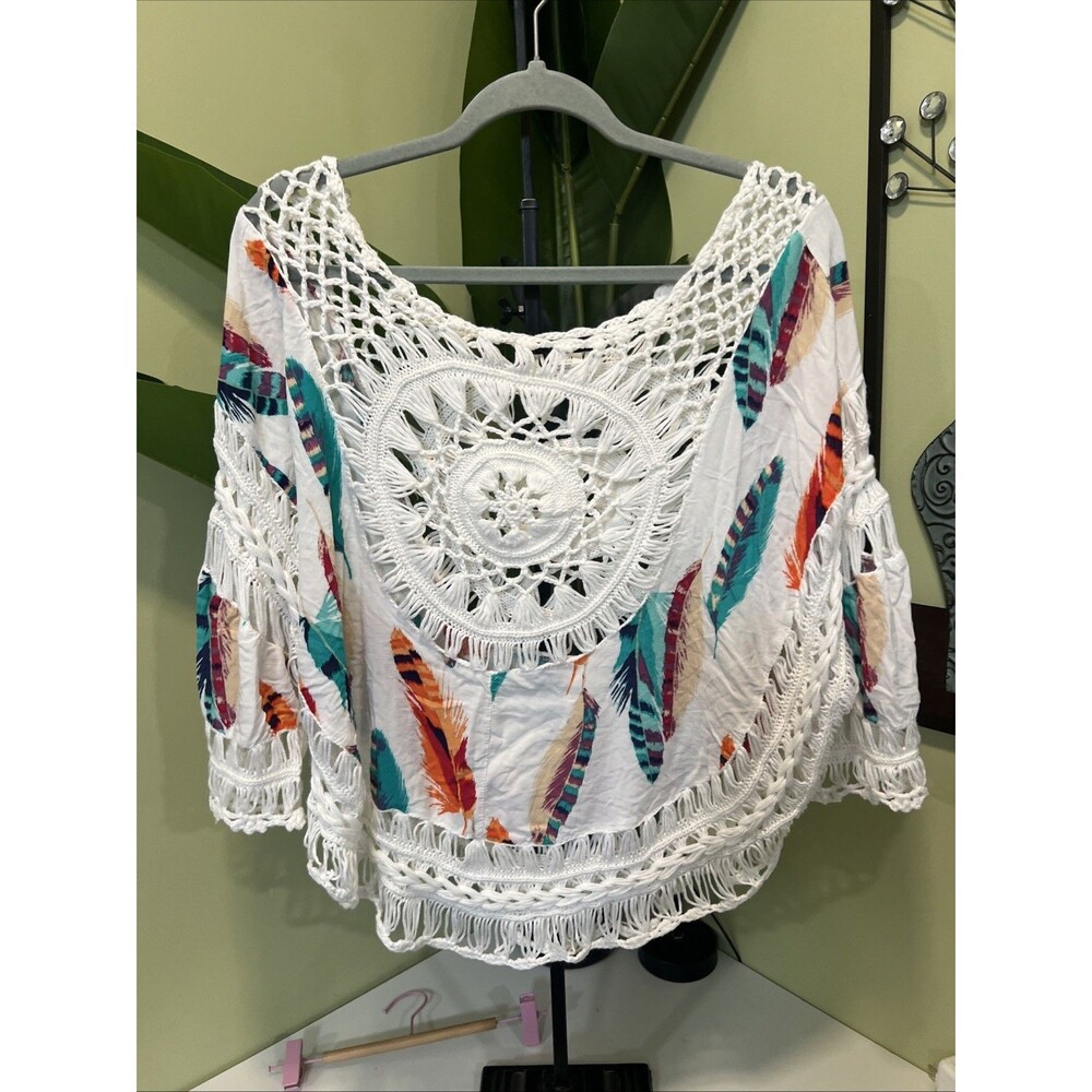 Vivid Importers of NY Multicolor Feather Print Crochet Tunic BOHO Top Medium